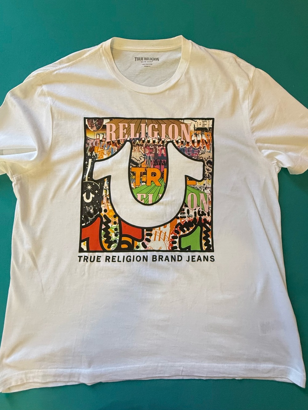 True Religion White Tee with Multicolor Logo Panel